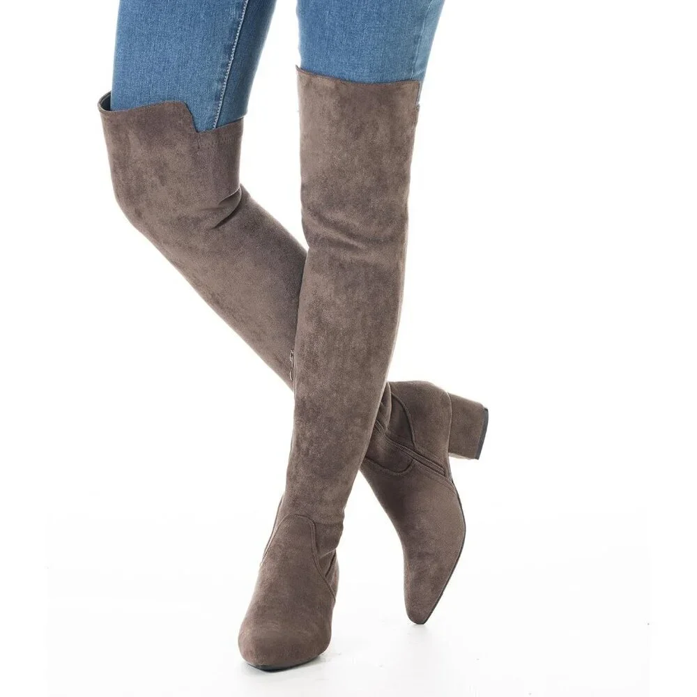 Women Chocolate 2Inch Faux Suede Over The Knee Thigh High Low Block Heel Boot